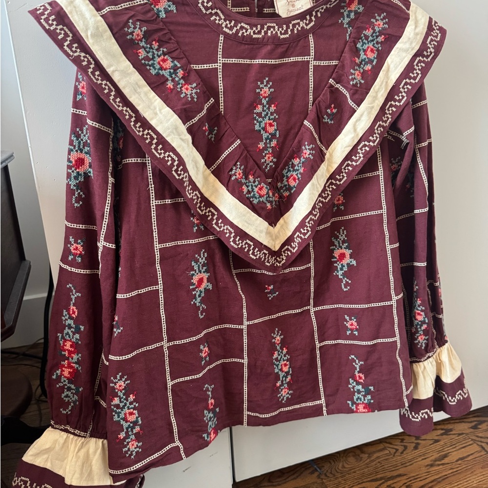 Sezane Embroidered V-Neck Peasant Blouse - Burgundy M/L